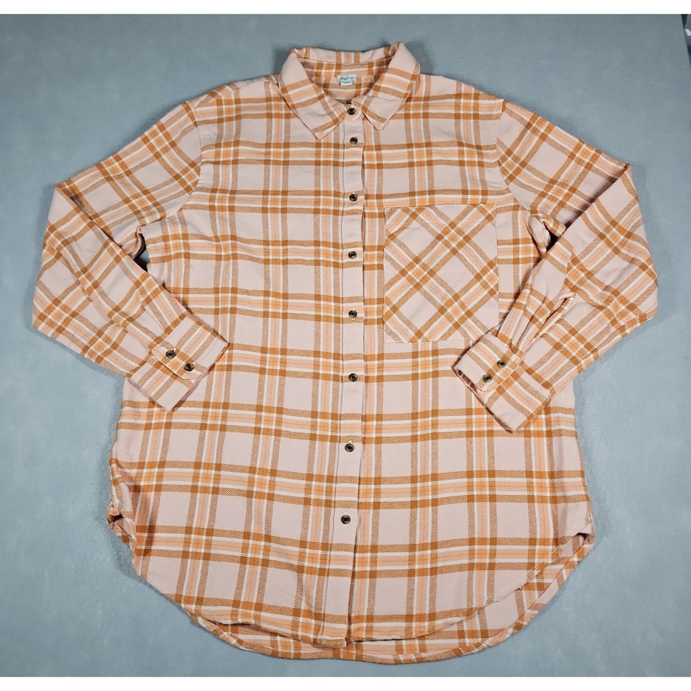 Aerie Womens Orange Peach Plaid Button Up Long Sleeve Flannel Shirt Size Small